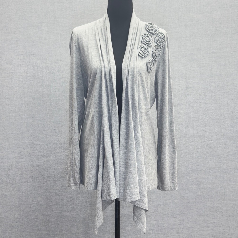 Elliott Lauren Gray‎ Open Front Cardigan Rose Embellished Long Sleeve Size L